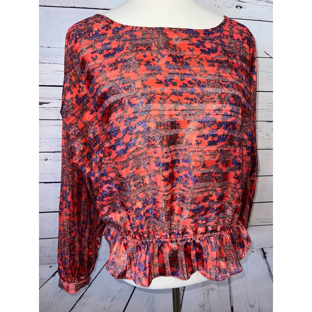 Free People Blouse S Red Floral Metallic Pleated Ruffle Hem Long Sleeve Womens